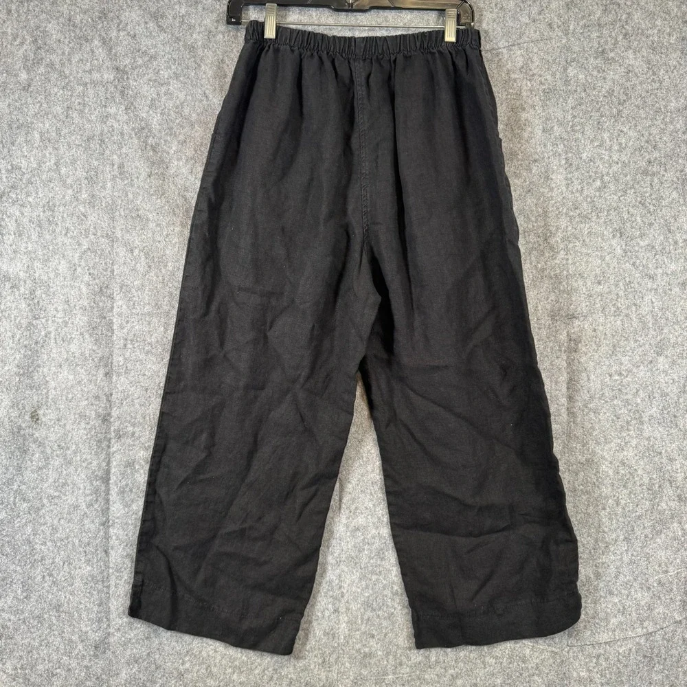 Mosaic Linen Wide Leg Pants Womens Large Black Elastic Waist Lagenlook Boho - Picture 2 of 10